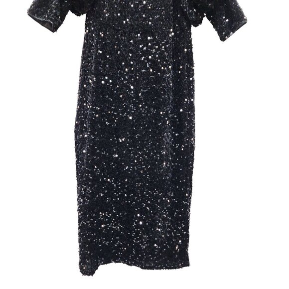 Vintage Black Sequined Dress With Puff Sleeves & Feather Trim Size XL - Picture 7 of 10